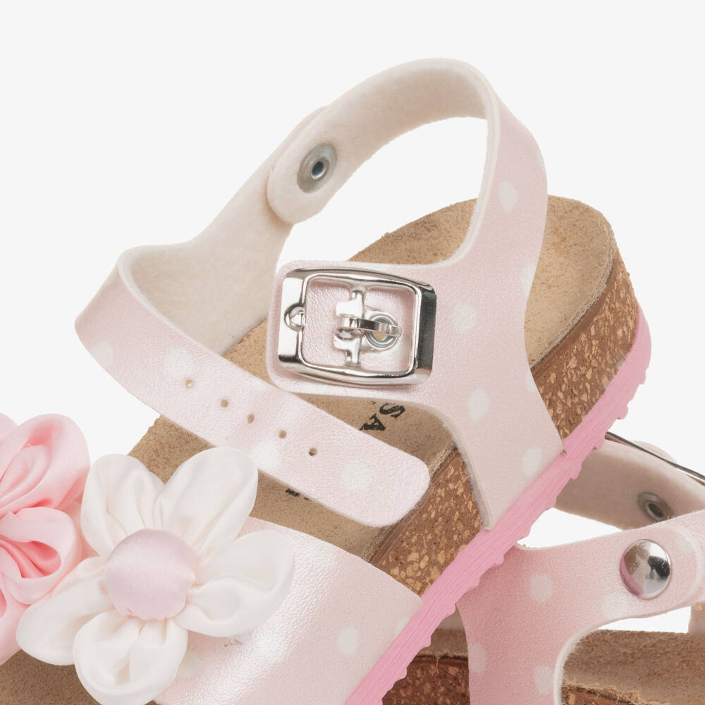Monnalisa-Girls Pink Polka Dot Sandals with Flower Appliqués | Childrensalon Outlet