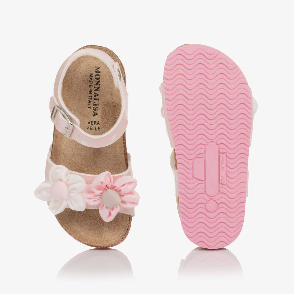 Monnalisa-Girls Pink Polka Dot Sandals with Flower Appliqués | Childrensalon Outlet