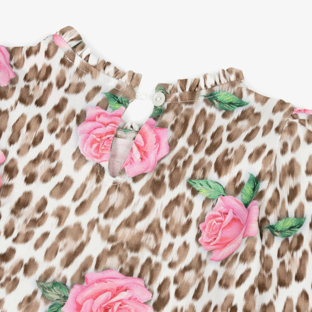 Monnalisa-Girls Pink Rose & Brown Leopard Print Top | Childrensalon Outlet