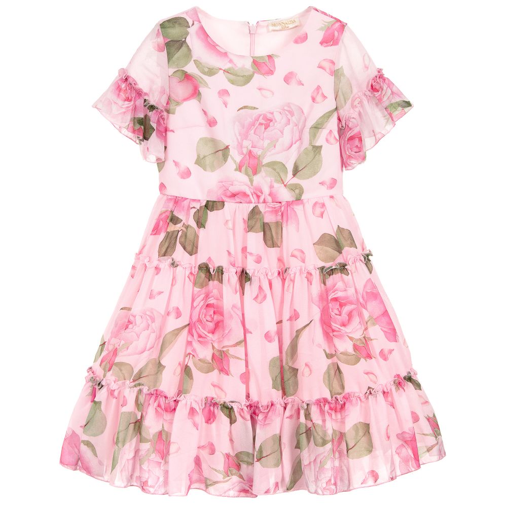 Monnalisa Chic - Girls Pink Roses Chiffon Dress | Childrensalon
