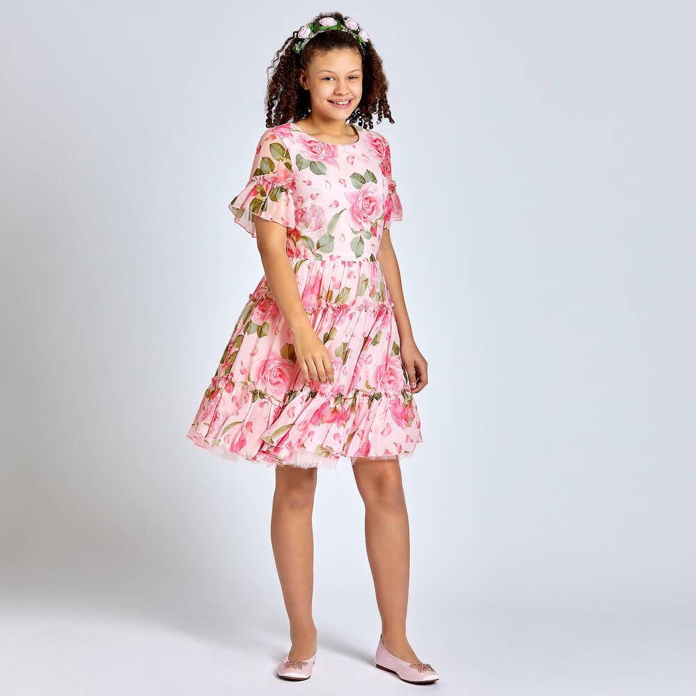 Monnalisa Chic-Girls Pink Roses Chiffon Dress | Childrensalon Outlet