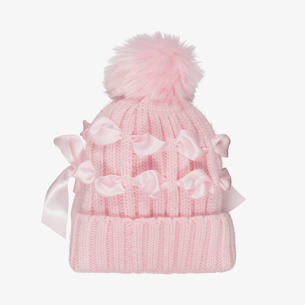 Monnalisa-Girls Pink Satin Bow Pom-Pom Hat with Ribbon Bows | Childrensalon Outlet