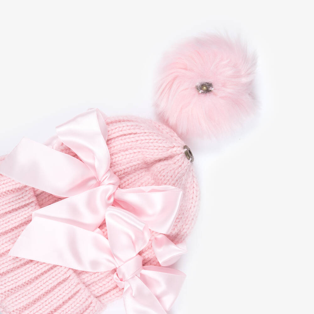 Monnalisa-Girls Pink Satin Bow Pom-Pom Hat with Ribbon Bows | Childrensalon Outlet
