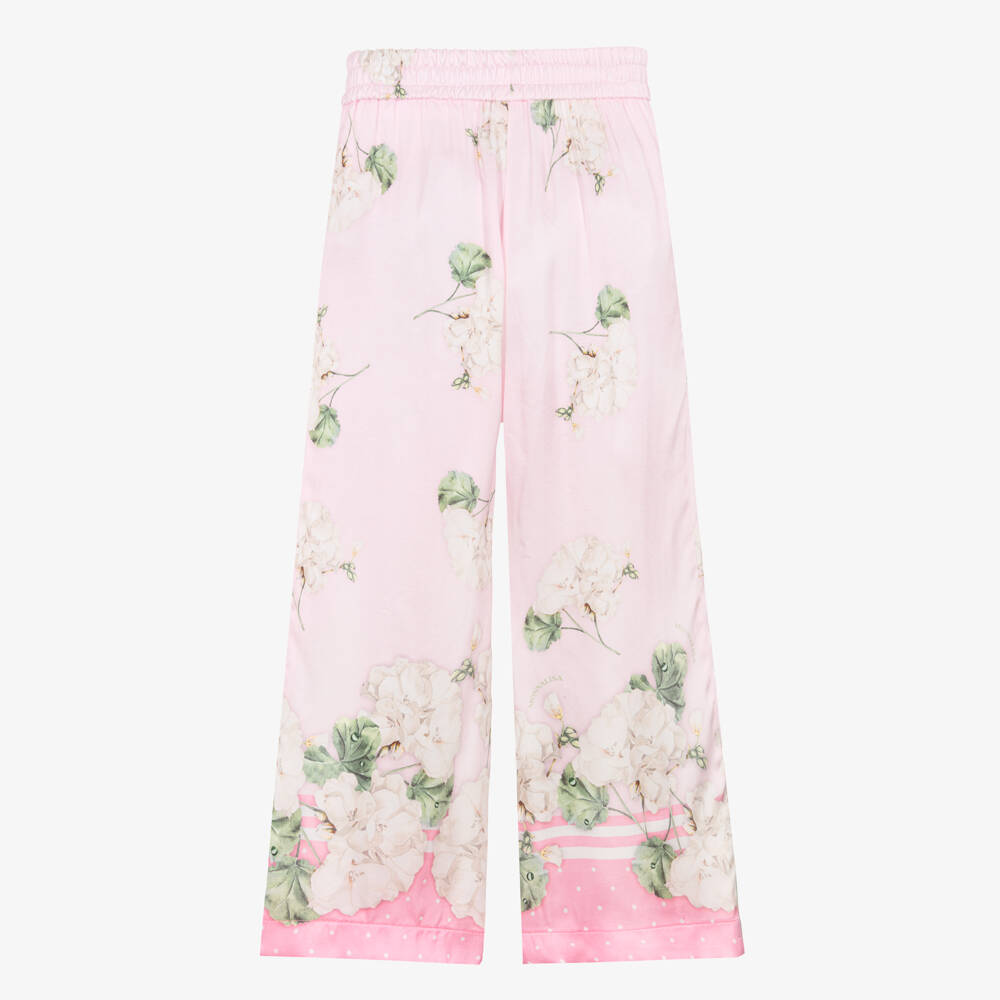 Monnalisa Chic-Girls Pink Satin Floral Print Wide-Leg Trousers | Childrensalon Outlet