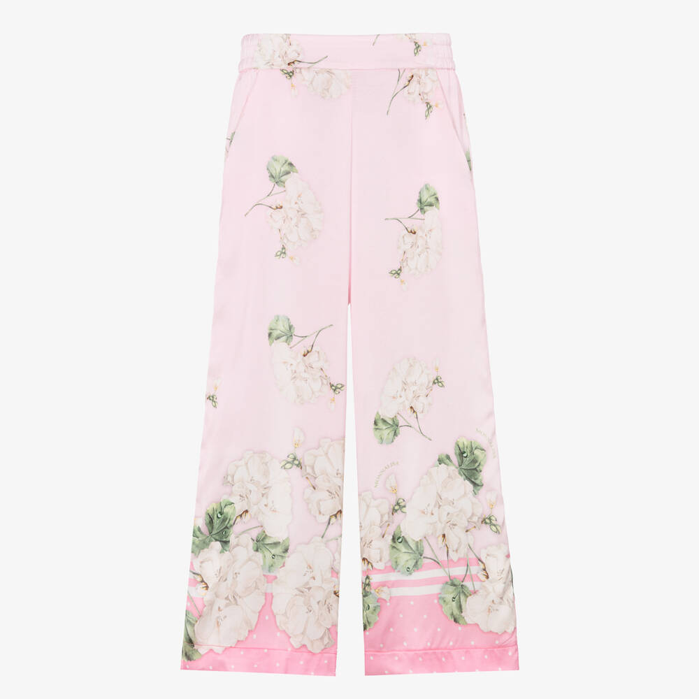 Monnalisa Chic-Girls Pink Satin Floral Print Wide-Leg Trousers | Childrensalon Outlet
