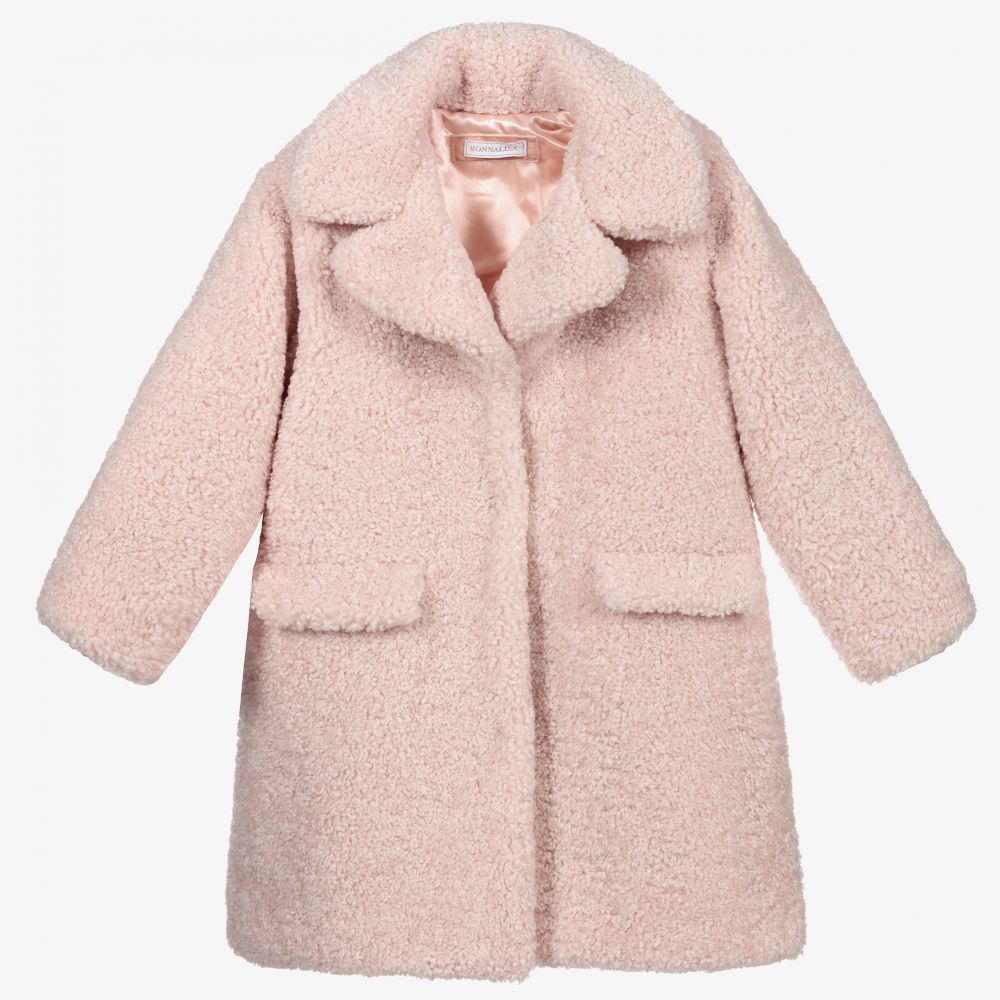 Monnalisa - Girls Pink Teddy Fleece Coat | Childrensalon