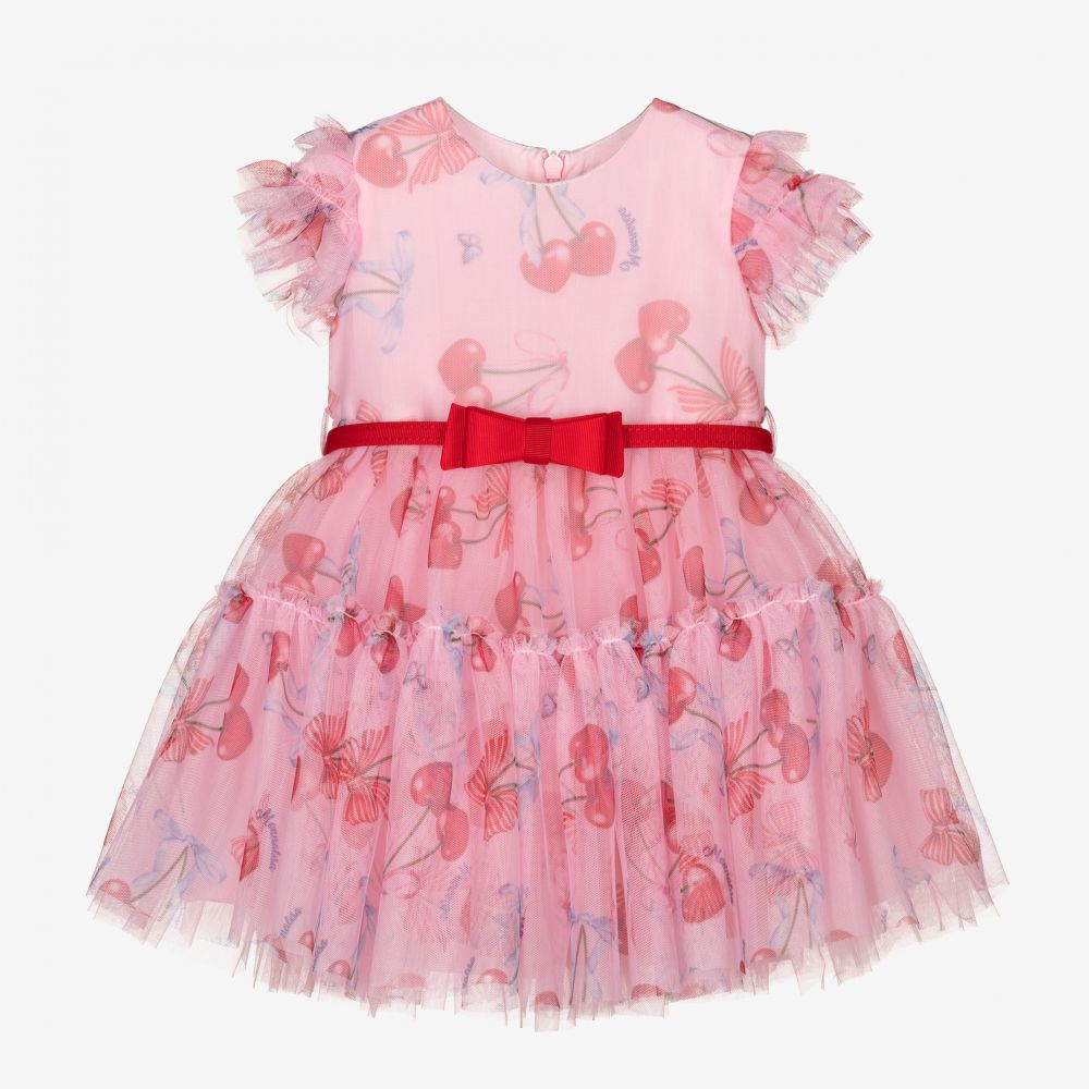 Monnalisa - Girls Pink Tulle Cherry Dress | Childrensalon