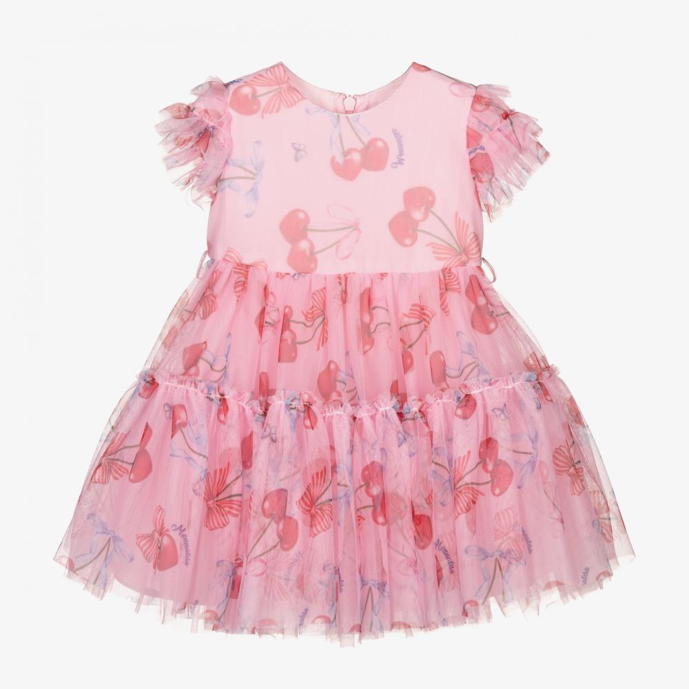 Monnalisa-Розовое платье из тюля с вишнями для девочек | Childrensalon Outlet