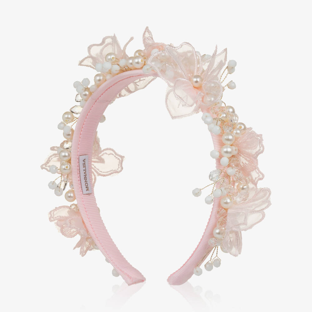 Monnalisa-Girls Pink Tulle Flower & Pearl Bead Hairband | Childrensalon Outlet