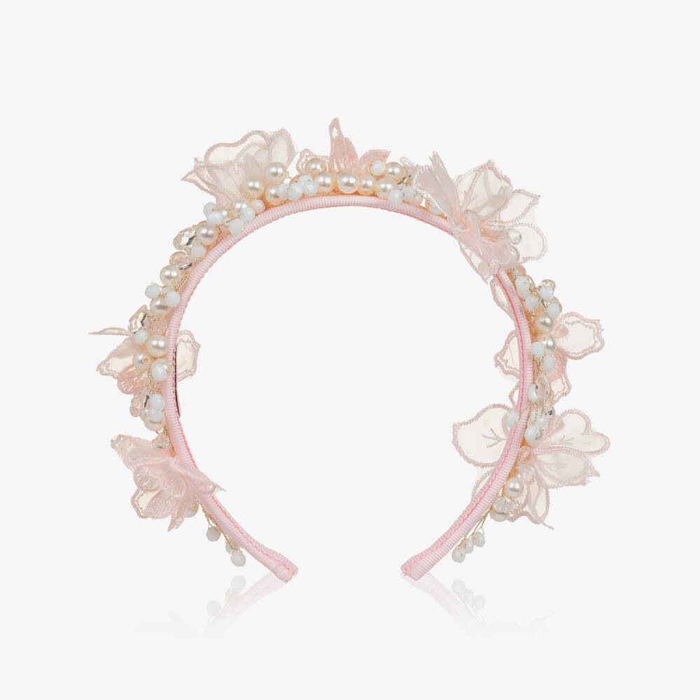 Monnalisa-Girls Pink Tulle Flower & Pearl Bead Hairband | Childrensalon Outlet