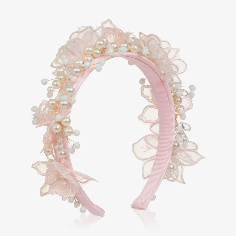 Monnalisa-Girls Pink Tulle Flower & Pearl Bead Hairband | Childrensalon Outlet