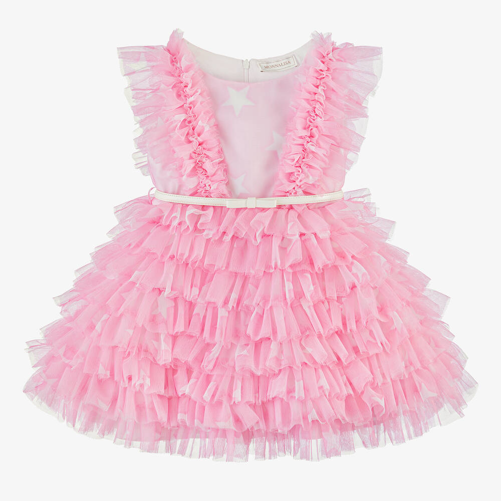 Monnalisa-Girls Pink Tulle Ruffle Dress | Childrensalon Outlet