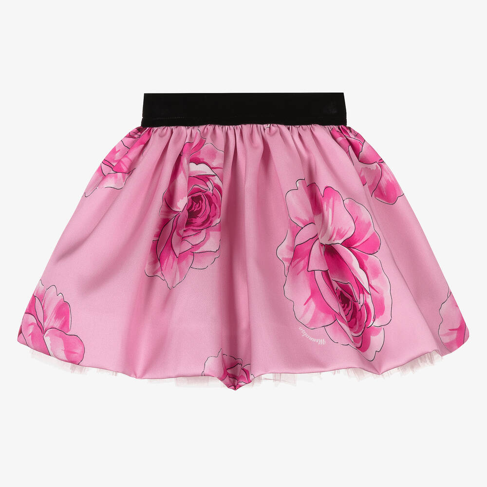 Monnalisa Chic - Girls Pink Twill Rose Print Skirt | Childrensalon