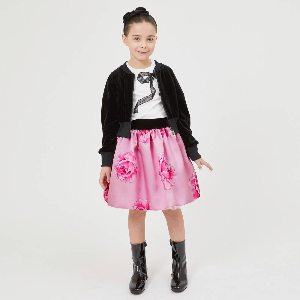 Monnalisa Chic-Girls Pink Twill Rose Print Skirt | Childrensalon Outlet