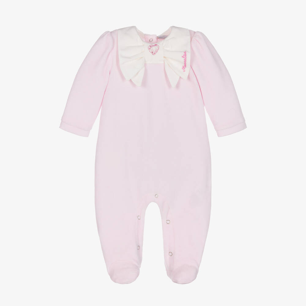 Monnalisa - Girls Pink Velour Bow Babygrow | Childrensalon