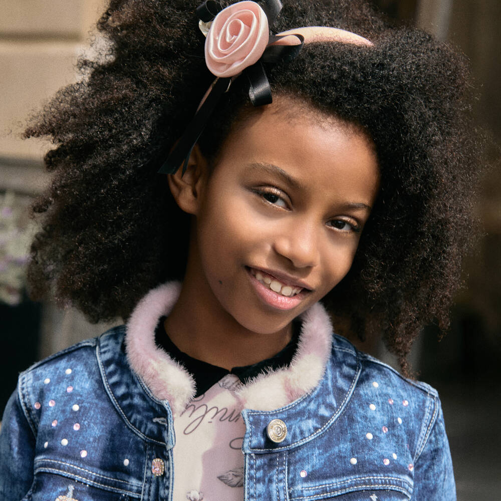 Monnalisa-Girls Pink Velvet Rose & Bow Hairband | Childrensalon Outlet