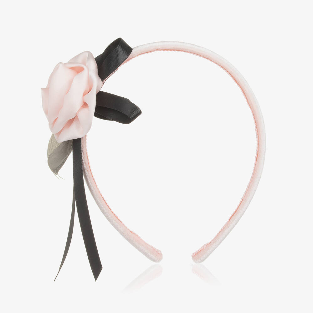 Monnalisa-Girls Pink Velvet Rose & Bow Hairband | Childrensalon Outlet