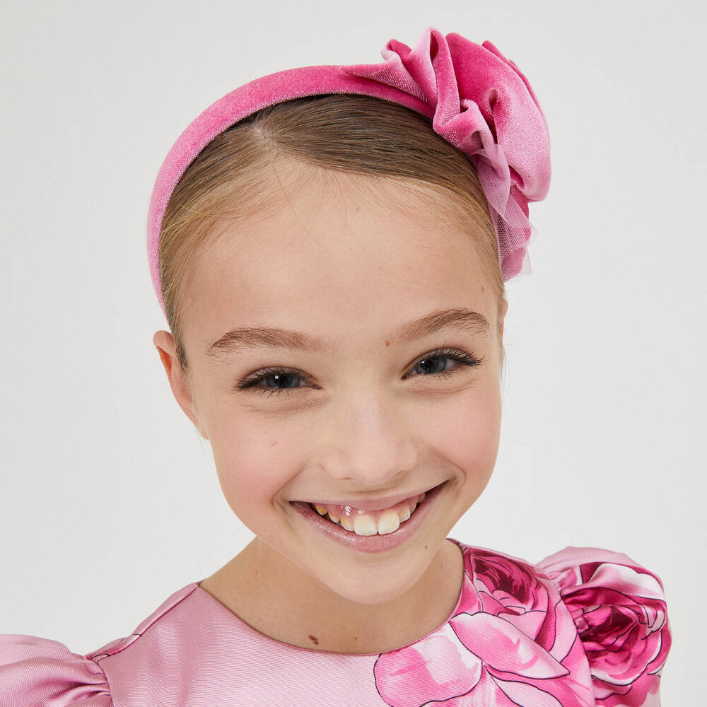 Monnalisa Chic-Girls Pink Velvet Rose Hairband | Childrensalon Outlet