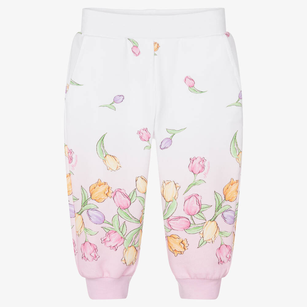 Monnalisa - Girls Pink & White Cotton Floral Joggers | Childrensalon
