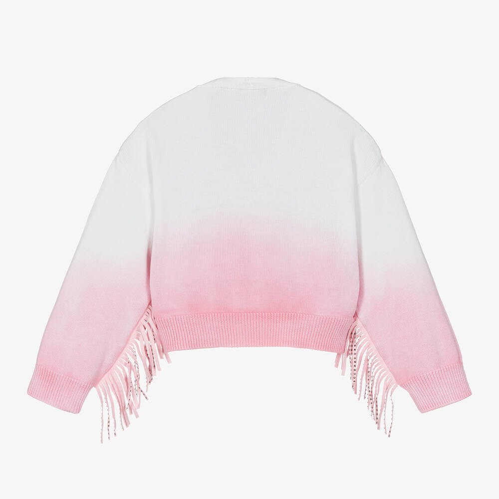 Monnalisa-Girls Pink & White Cotton Fringed Cardigan | Childrensalon Outlet