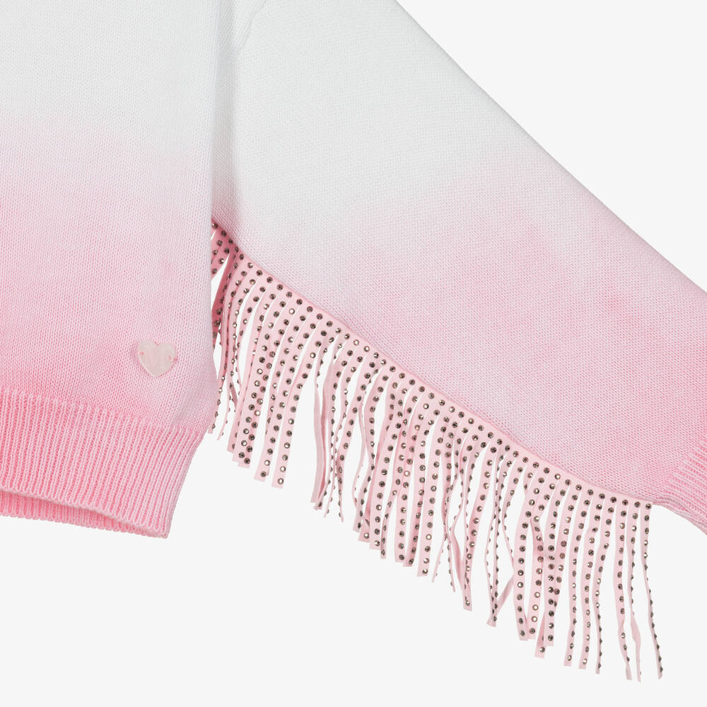Monnalisa-Girls Pink & White Cotton Fringed Cardigan | Childrensalon Outlet