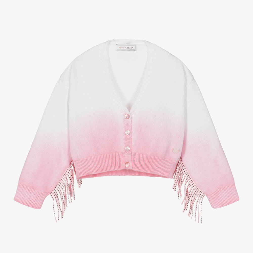 Monnalisa-Girls Pink & White Cotton Fringed Cardigan | Childrensalon Outlet