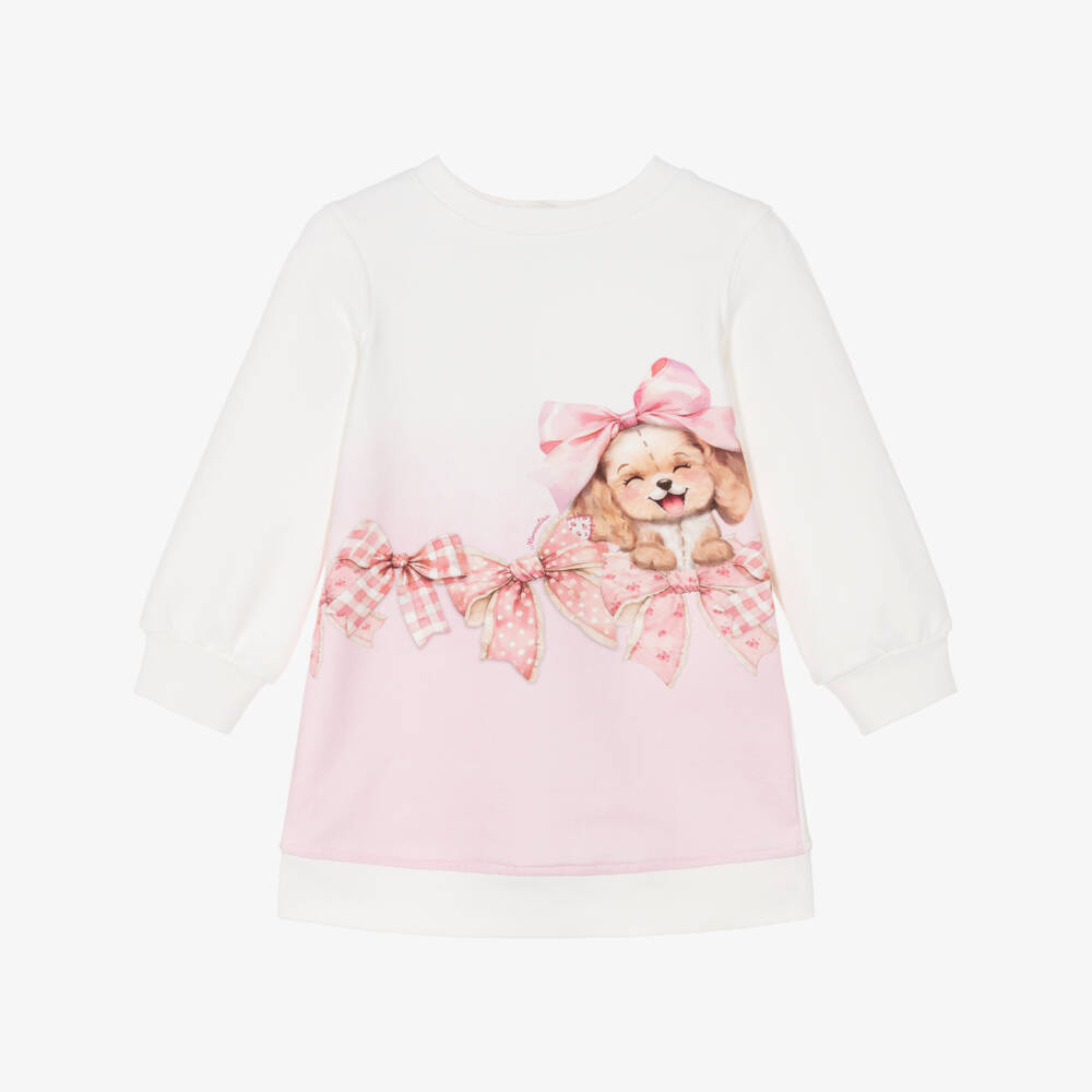 Monnalisa-Girls Pink & White Cotton Puppy Sweatshirt Dress | Childrensalon Outlet