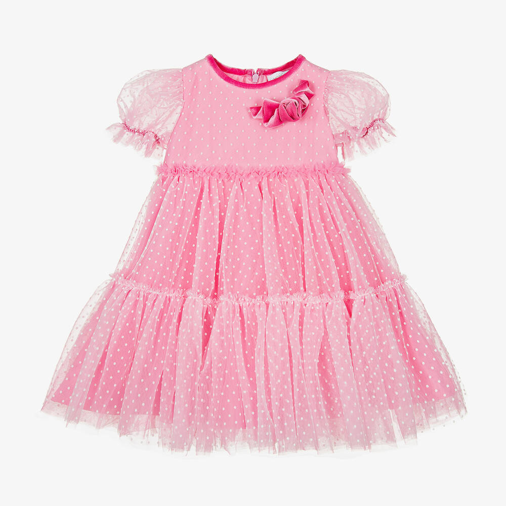 Monnalisa Chic - Robe rose en tulle à pois blancs | Childrensalon