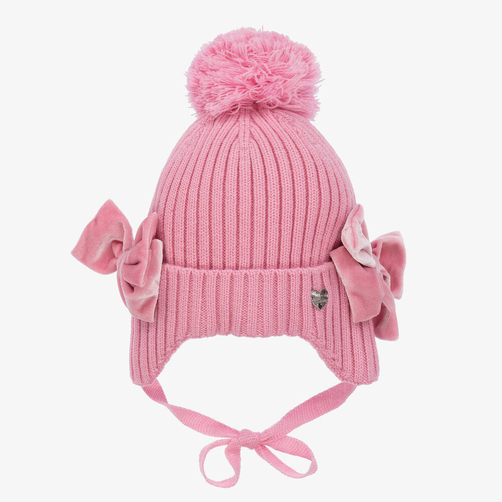 Monnalisa - Girls Pink Wool Bobble Hat | Childrensalon