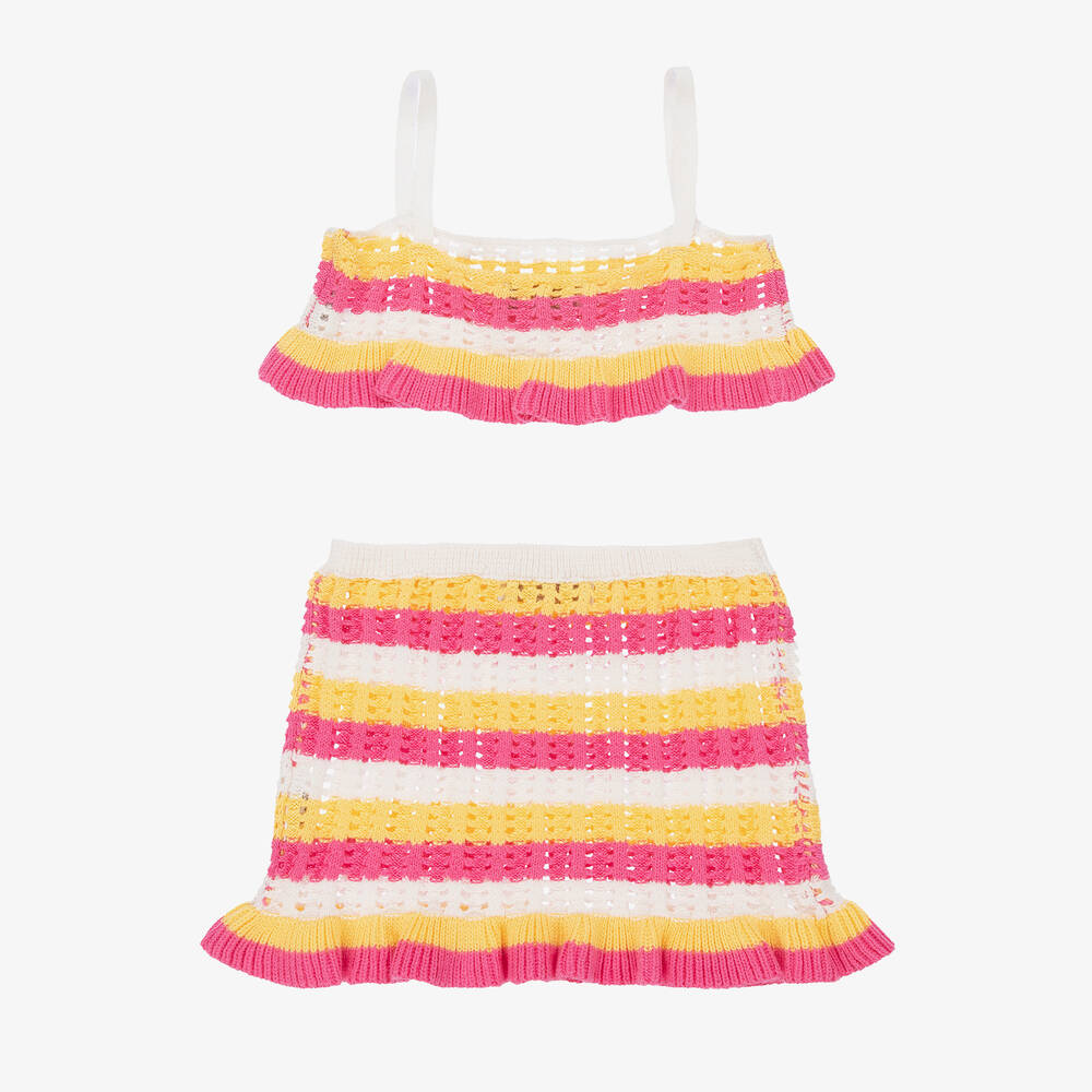Monnalisa - Girls Pink & Yellow Crochet Skirt Set | Childrensalon