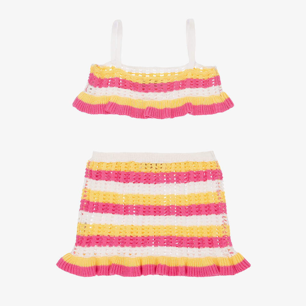 Monnalisa-Girls Pink & Yellow Crochet Skirt Set | Childrensalon Outlet