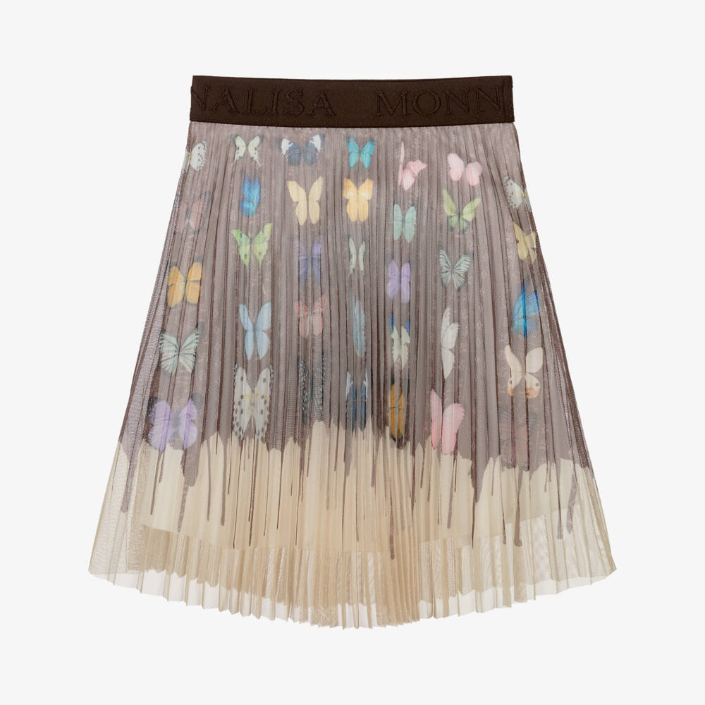 Monnalisa-Girls Pleated Brown & Beige Butterfly Tulle Skirt | Childrensalon Outlet