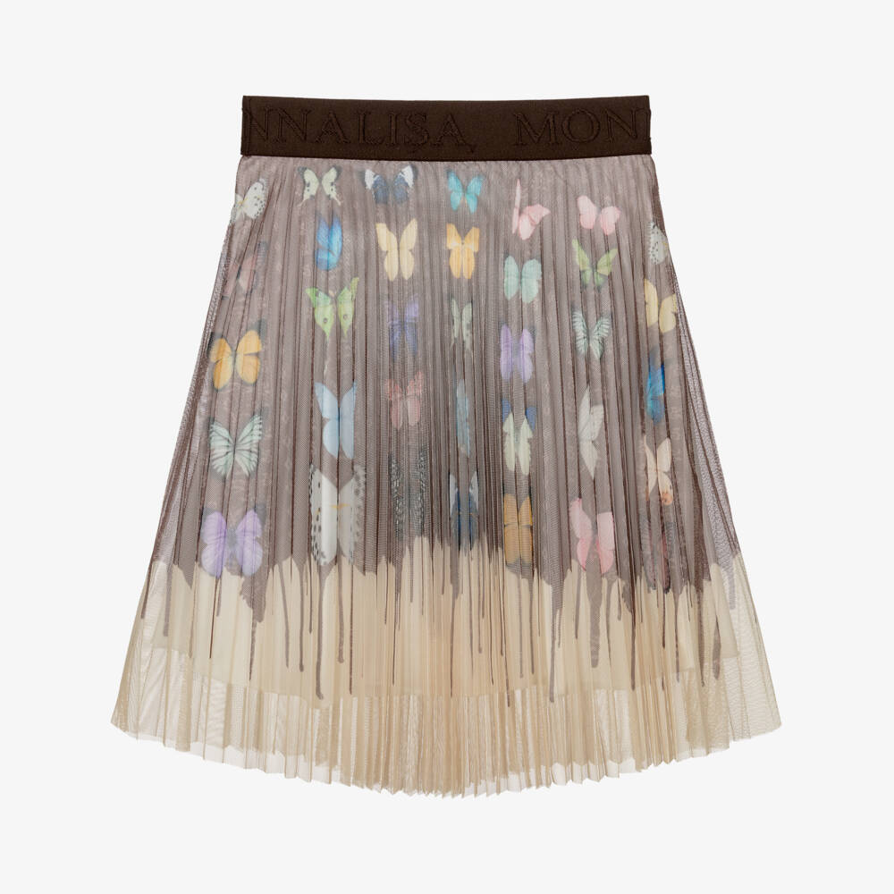 Monnalisa-Girls Pleated Brown & Beige Butterfly Tulle Skirt | Childrensalon Outlet