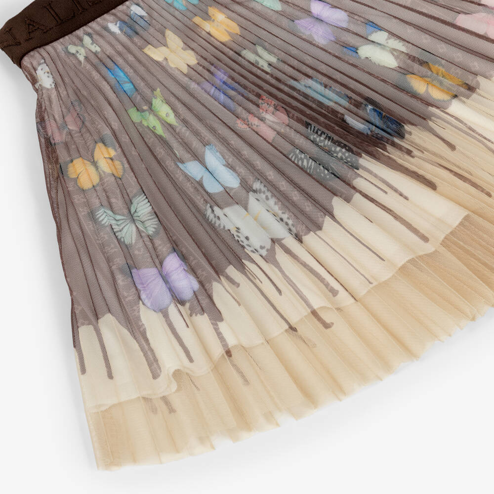Monnalisa-Girls Pleated Brown & Beige Butterfly Tulle Skirt | Childrensalon Outlet