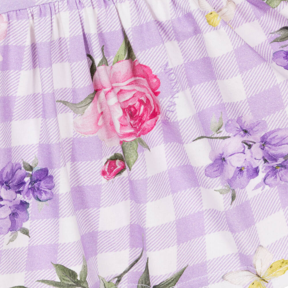 Monnalisa-Girls Purple Check & Floral Print Cotton Jersey Dress | Childrensalon Outlet