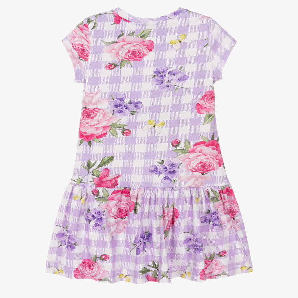 Monnalisa-Girls Purple Check & Floral Print Cotton Jersey Dress | Childrensalon Outlet