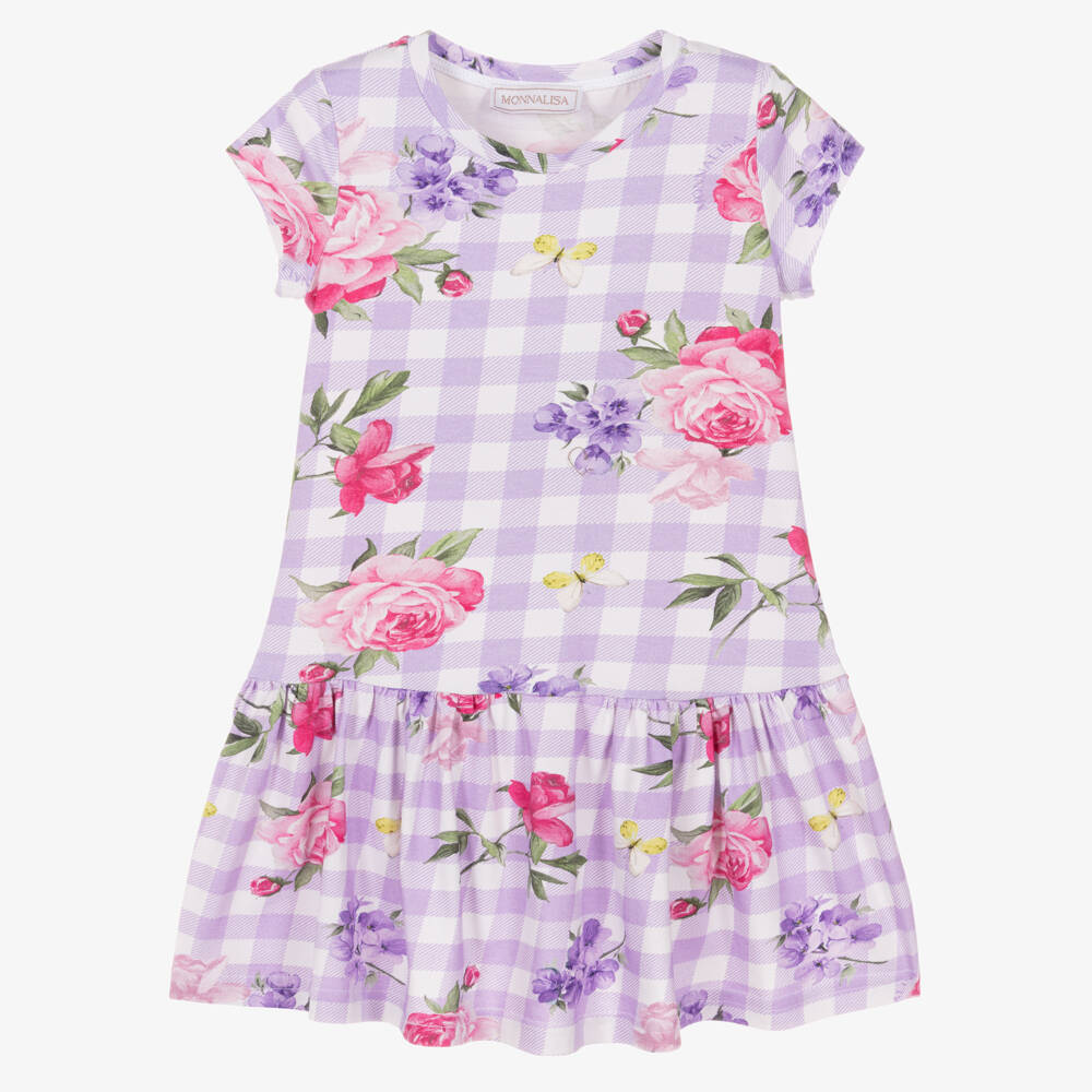 Monnalisa-Girls Purple Check & Floral Print Cotton Jersey Dress | Childrensalon Outlet