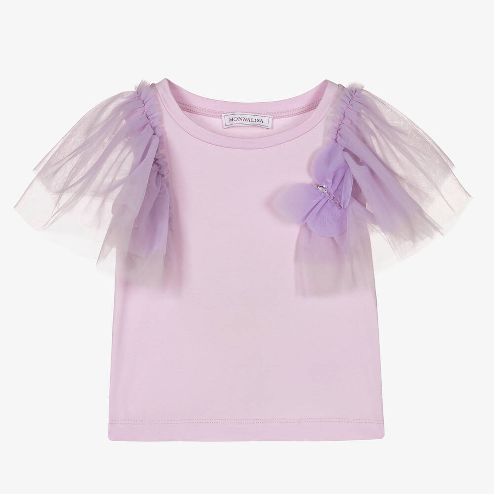Monnalisa - Girls Purple Cotton & Tulle Top | Childrensalon