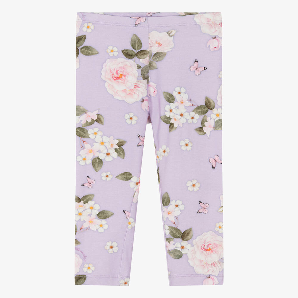 Monnalisa-Girls Purple Floral Cotton Jersey Leggings | Childrensalon Outlet