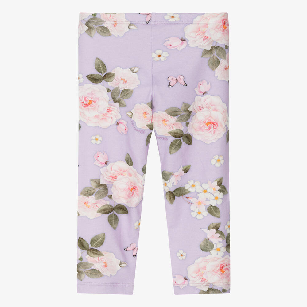 Monnalisa-Girls Purple Floral Cotton Jersey Leggings | Childrensalon Outlet