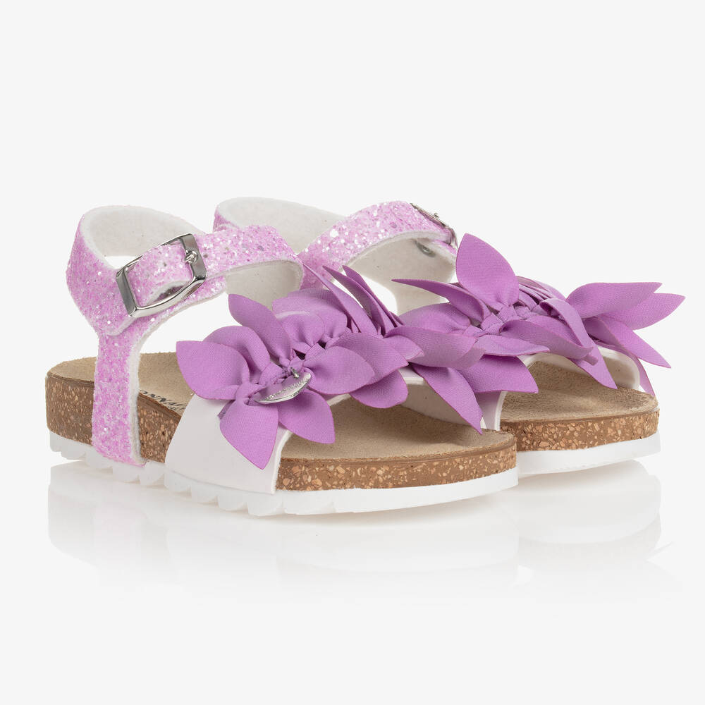 Monnalisa - Girls Purple Floral Glitter Sandals | Childrensalon