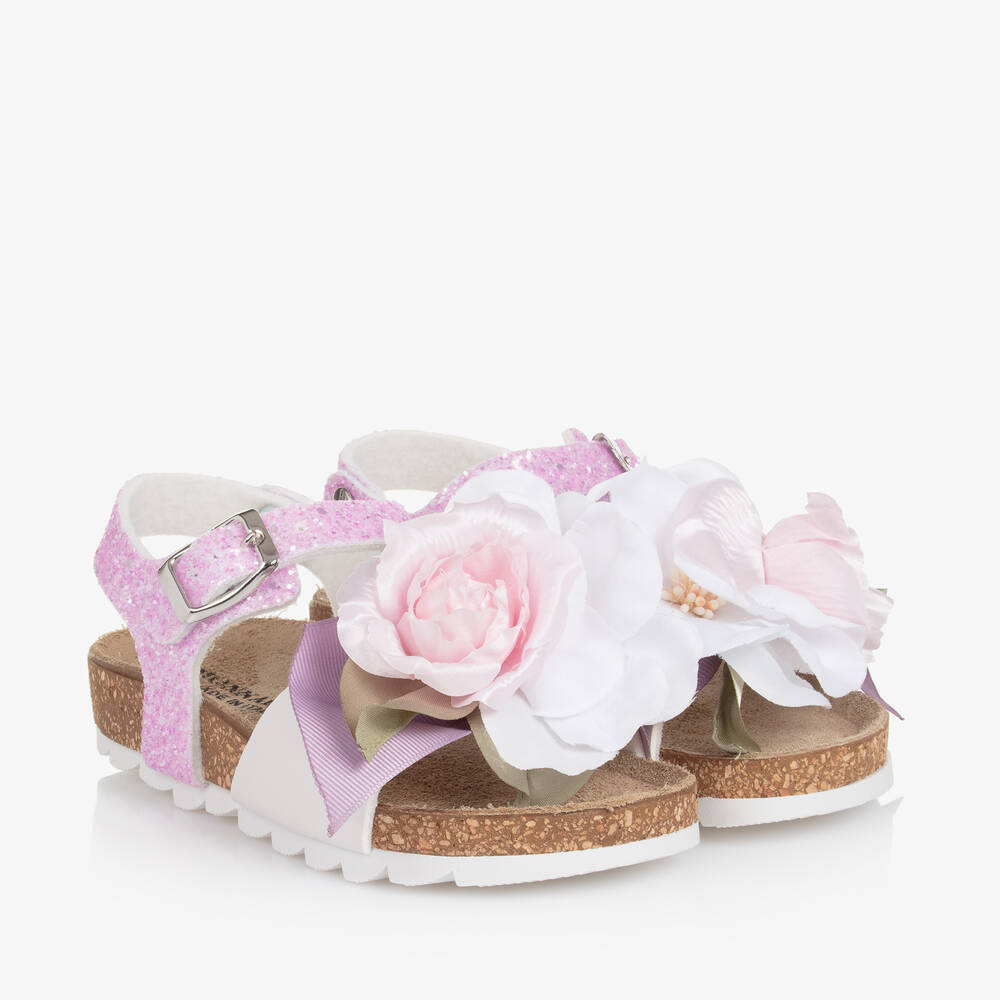 Monnalisa-Girls Purple Glitter Floral Sandals | Childrensalon Outlet