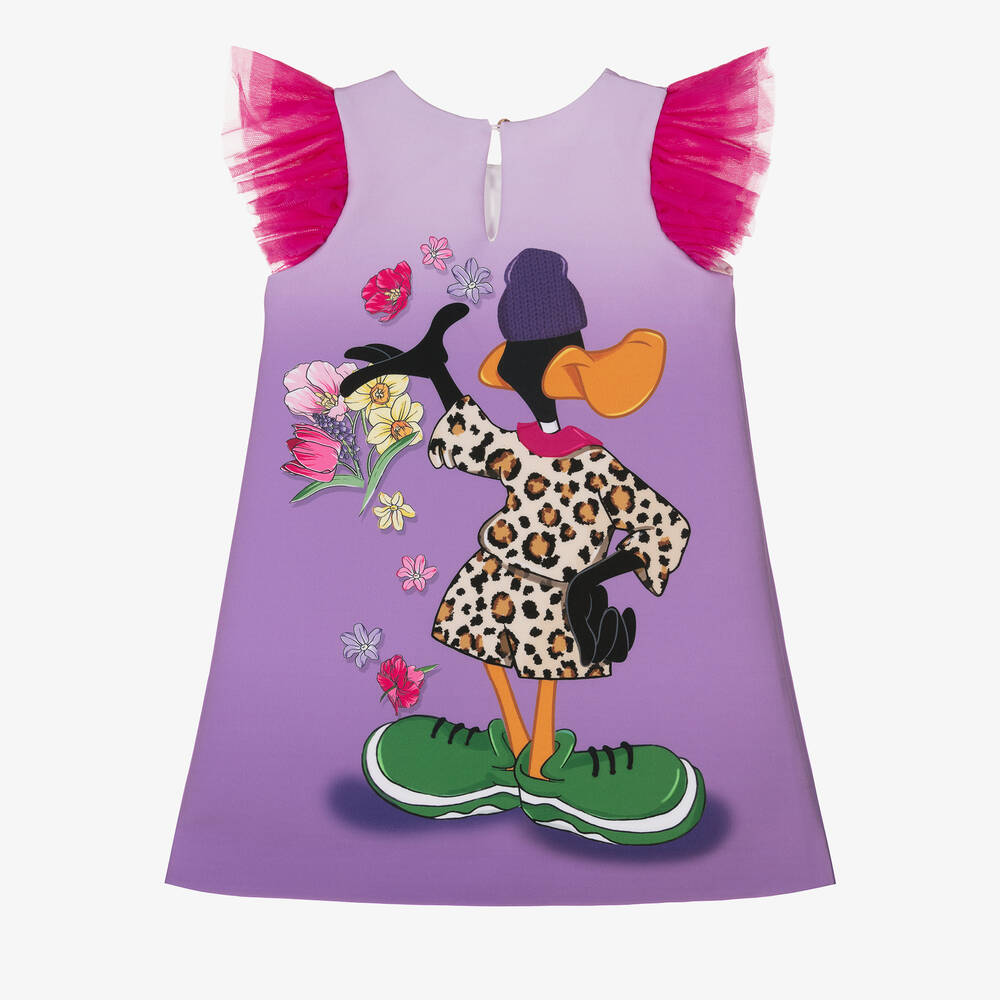Monnalisa-فستان بطبعة لوني تيونز ساتان وتول لون بنفسجي | Childrensalon Outlet