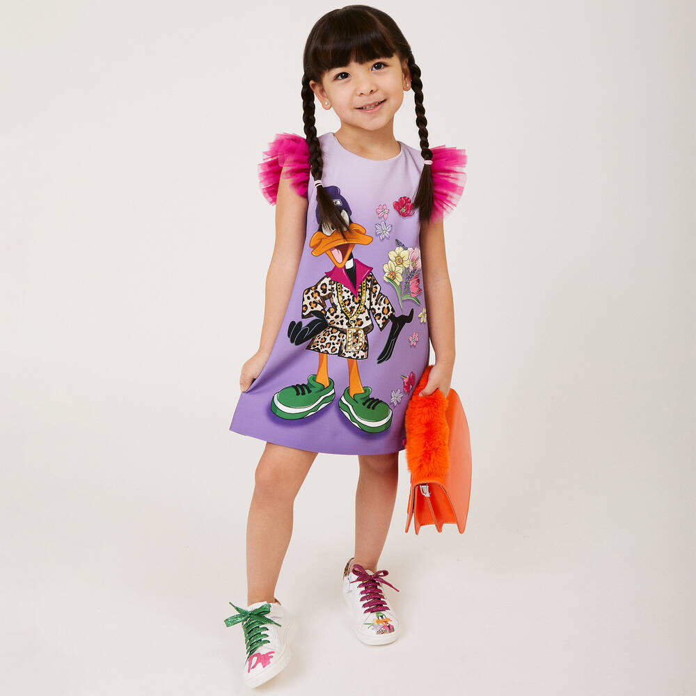Monnalisa-فستان بطبعة لوني تيونز ساتان وتول لون بنفسجي | Childrensalon Outlet