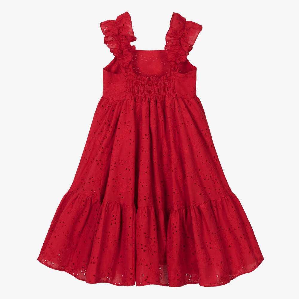 Monnalisa-Girls Red Cotton Broderie Anglaise Dress | Childrensalon Outlet