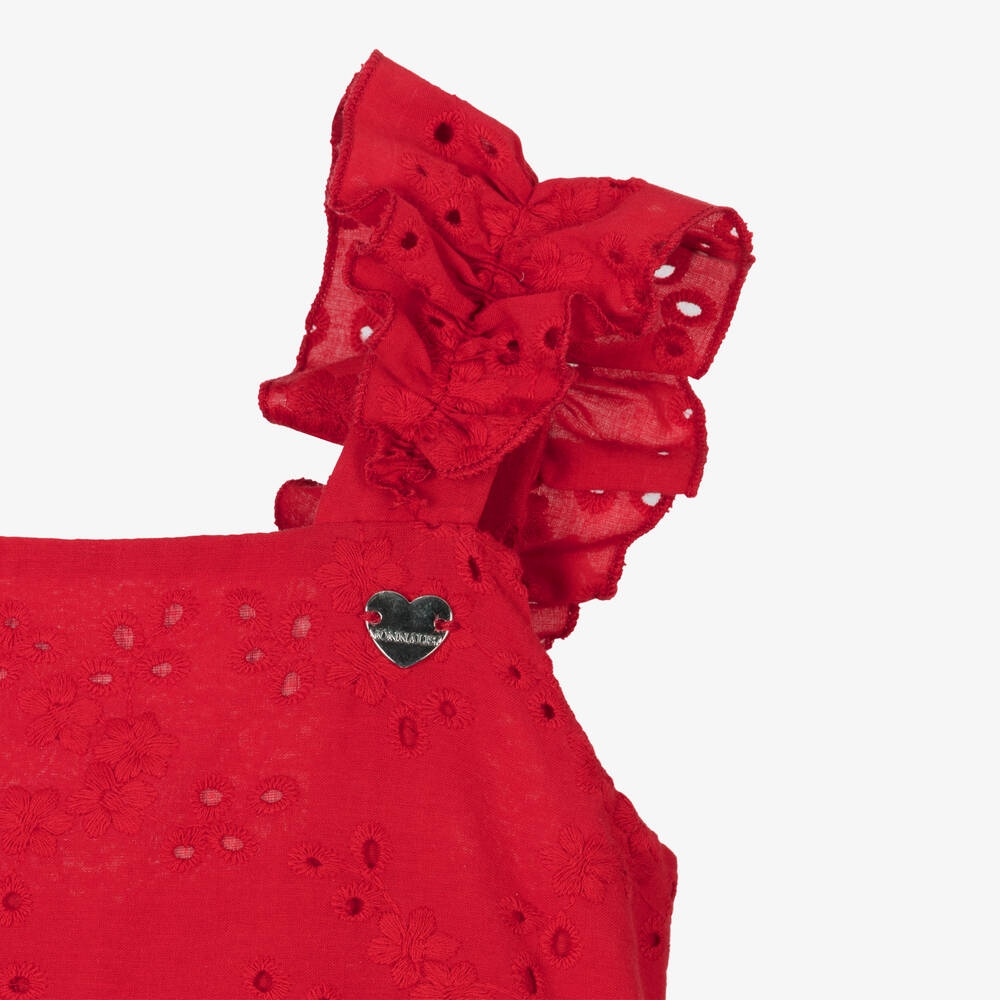 Monnalisa-Girls Red Cotton Broderie Anglaise Dress | Childrensalon Outlet