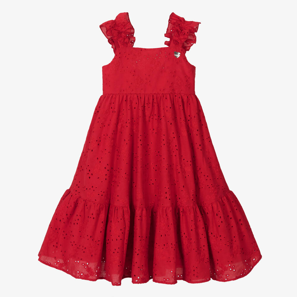 Monnalisa Girls Red Cotton Broderie Anglaise Dress Childrensalon Outlet