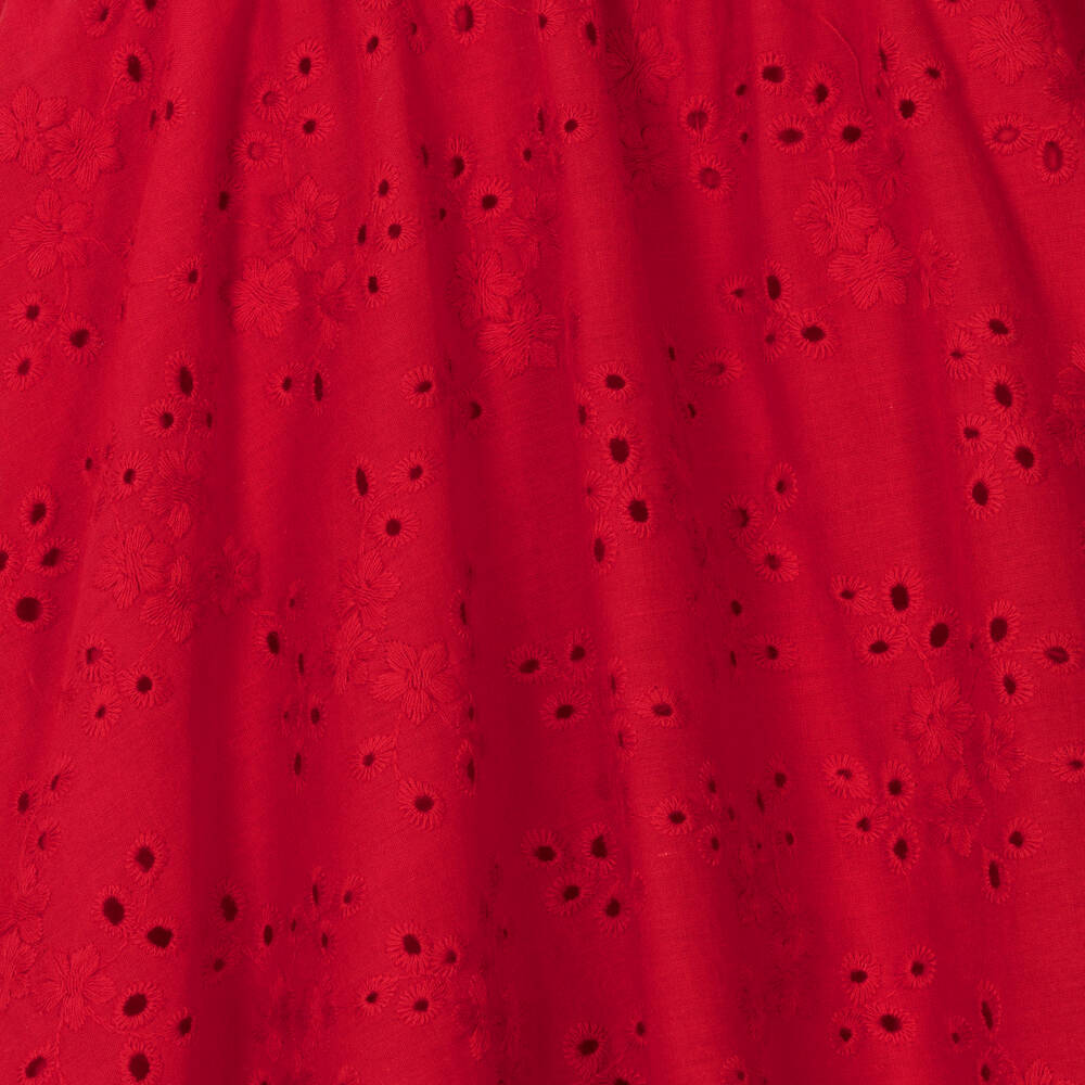 Monnalisa-Girls Red Cotton Broderie Anglaise Dress | Childrensalon Outlet