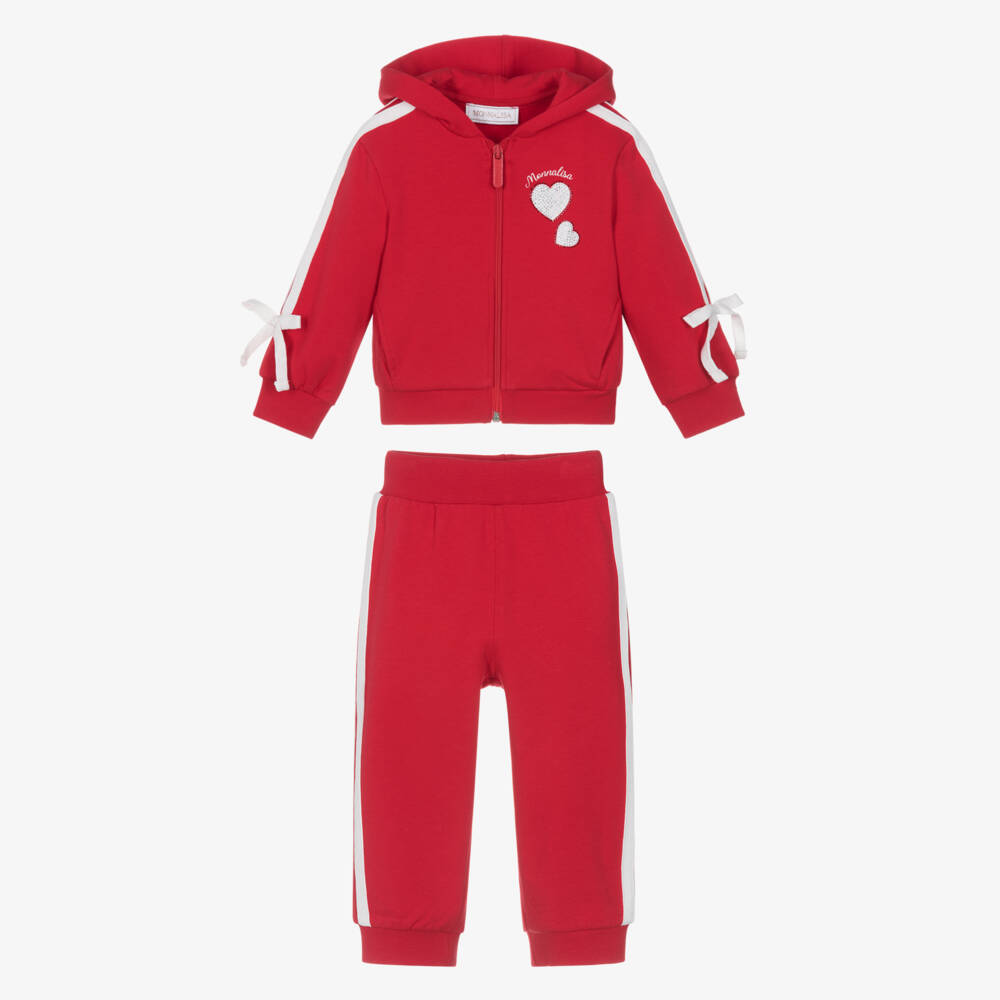Monnalisa-Girls Red Cotton Diamanté Heart Tracksuit with Side Stripe | Childrensalon Outlet