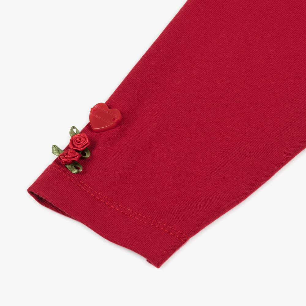 Monnalisa-Girls Red Cotton Jersey Leggings with Appliqué Roses | Childrensalon Outlet